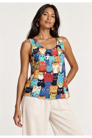 Blusa Regata Nhambu Viscose Estampa Bichanos em Festa