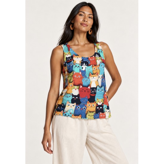 Blusa Regata Nhambu Viscose Estampa Bichanos em Festa