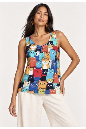 Blusa Regata Nhambu Viscose Estampa Bichanos em Festa