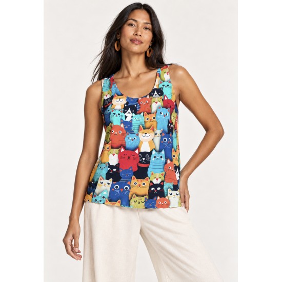 Blusa Regata Nhambu Viscose Estampa Bichanos em Festa