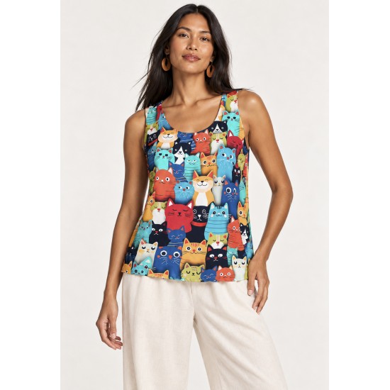 Blusa Regata Nhambu Viscose Estampa Bichanos em Festa