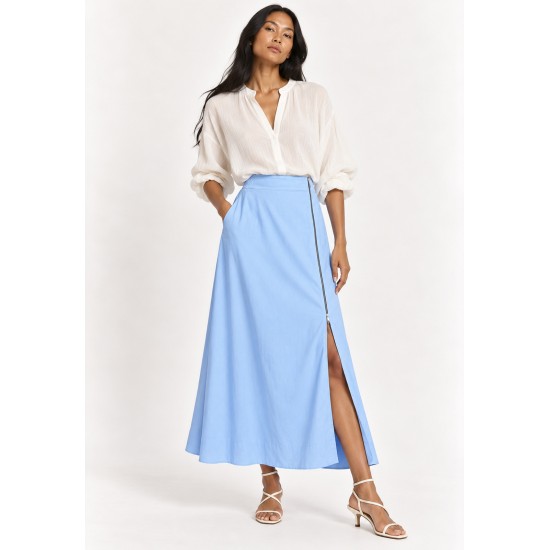 Saia Midi com Zíper Azul Brisa