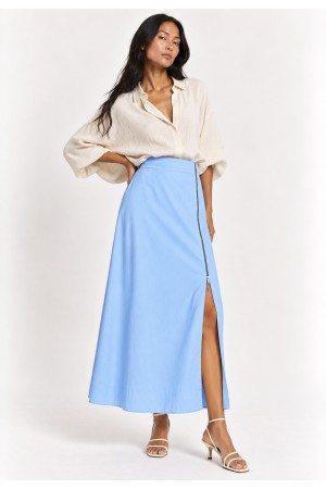 Saia Midi com Zíper Azul Brisa