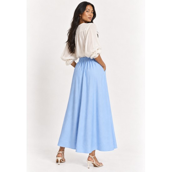 Saia Midi com Zíper Azul Brisa