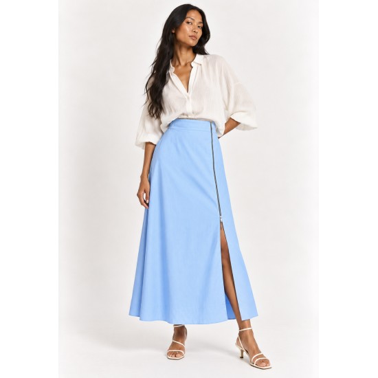 Saia Midi com Zíper Azul Brisa