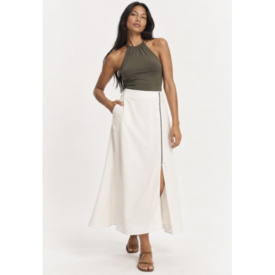 Saia Midi com Zíper Branco Natural