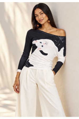 Blusa Assimétrica Malha Estampa Bichanos em Cena