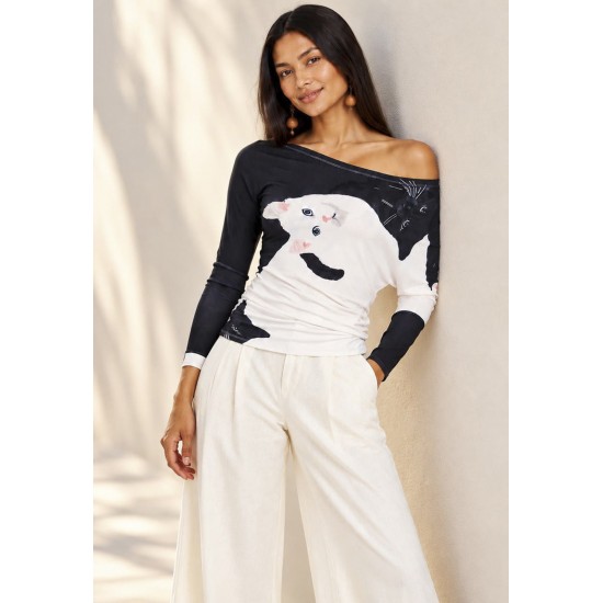 Blusa Assimétrica Malha Estampa Bichanos em Cena