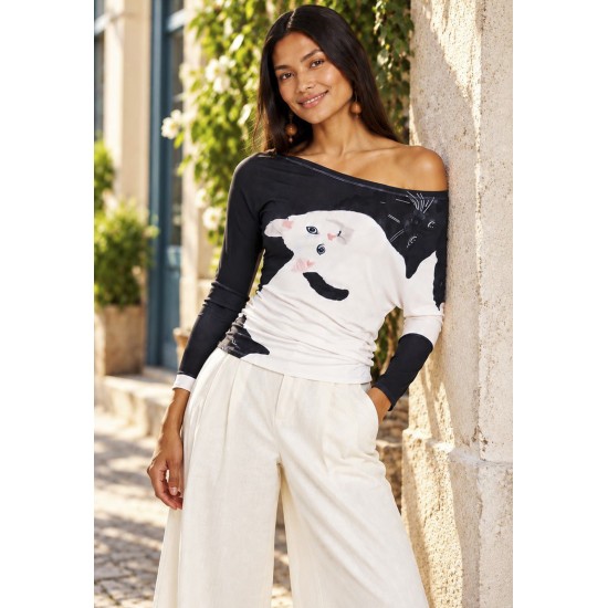 Blusa Assimétrica Malha Estampa Bichanos em Cena