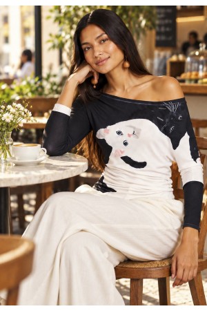 Blusa Assimétrica Malha Estampa Bichanos em Cena