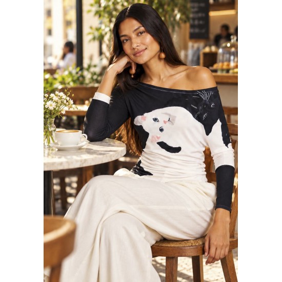 Blusa Assimétrica Malha Estampa Bichanos em Cena