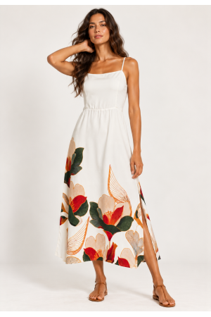 Vestido Midi Alça Fina Estampa Jardim de Jurema