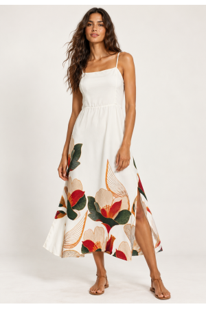 Vestido Midi Alça Fina Estampa Jardim de Jurema