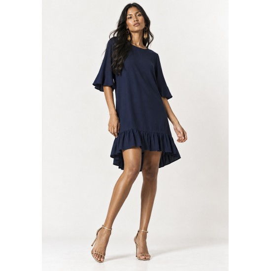 Vestido Curto Viscose Babado Azul