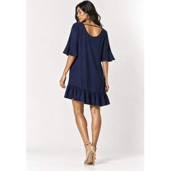 Vestido Curto Viscose Babado Azul