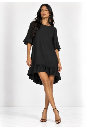 Vestido Curto Viscose Babado Preto