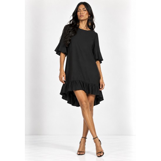 Vestido Curto Viscose Babado Preto