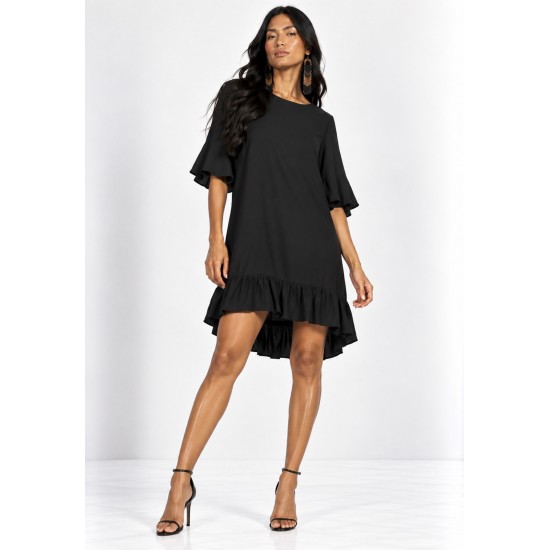 Vestido Curto Viscose Babado Preto