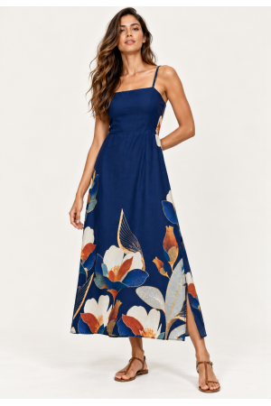 Vestido Midi Alça Fina Jardim de Jurema Azul Profundo