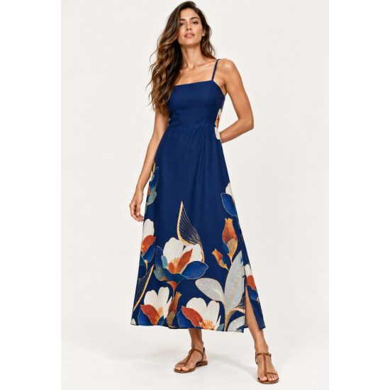 Vestido Midi Alça Fina Jardim de Jurema Azul Profundo