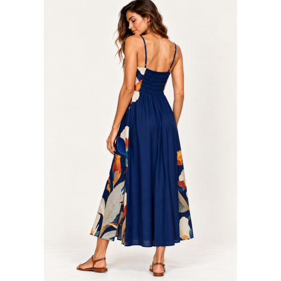 Vestido Midi Alça Fina Jardim de Jurema Azul Profundo
