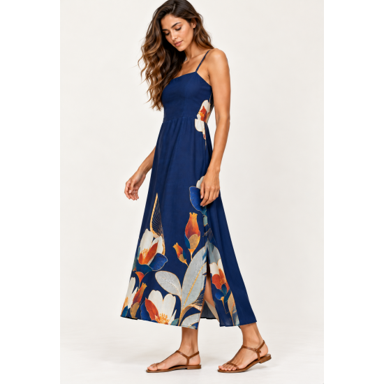 Vestido Midi Alça Fina Jardim de Jurema Azul Profundo
