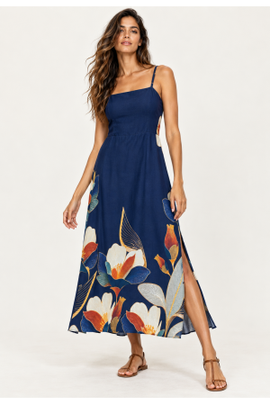 Vestido Midi Alça Fina Jardim de Jurema Azul Profundo