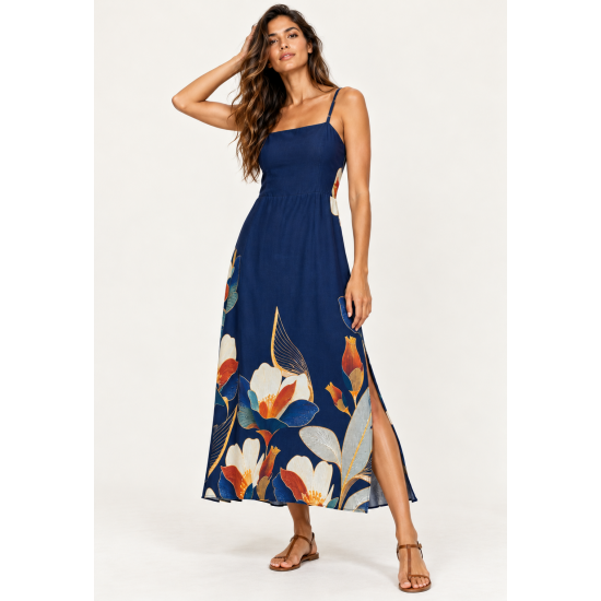 Vestido Midi Alça Fina Jardim de Jurema Azul Profundo