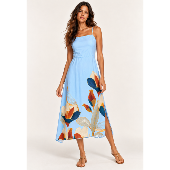 Vestido Midi Alça Fina Jardim de Jurema Azul Brisa