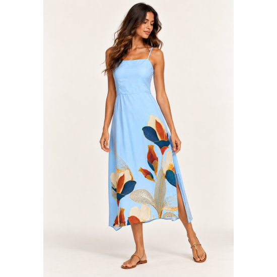 Vestido Midi Alça Fina Jardim de Jurema Azul Brisa