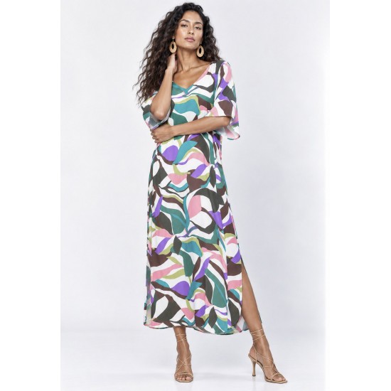 Vestido Midi Abapã Plano com Bolso Estampa Encanto Botânico
