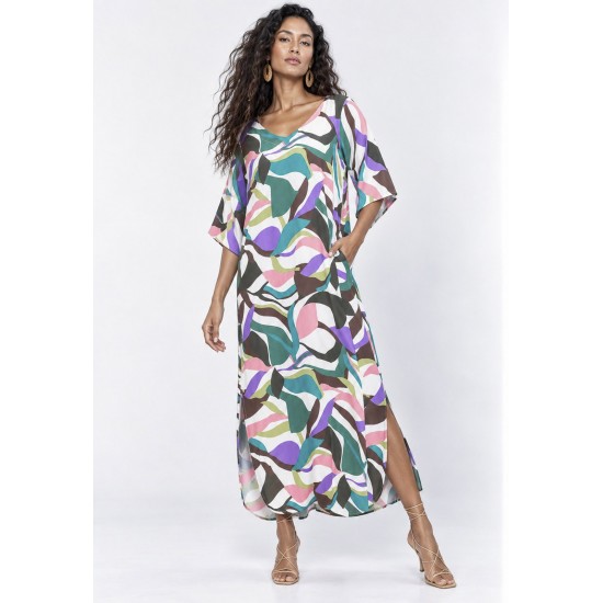 Vestido Midi Abapã Plano com Bolso Estampa Encanto Botânico