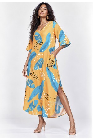 Vestido Midi Abapã Plano com Bolso Estampa Aurora Botânica