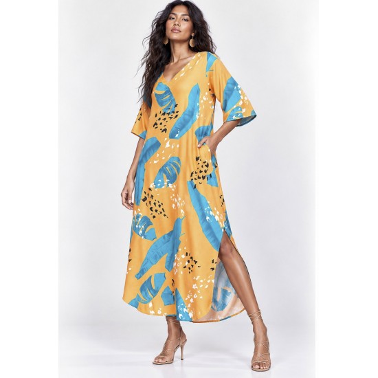 Vestido Midi Abapã Plano com Bolso Estampa Aurora Botânica