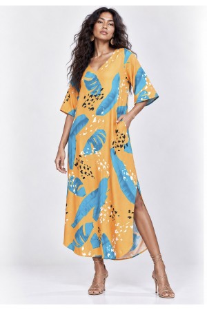 Vestido Midi Abapã Plano com Bolso Estampa Aurora Botânica