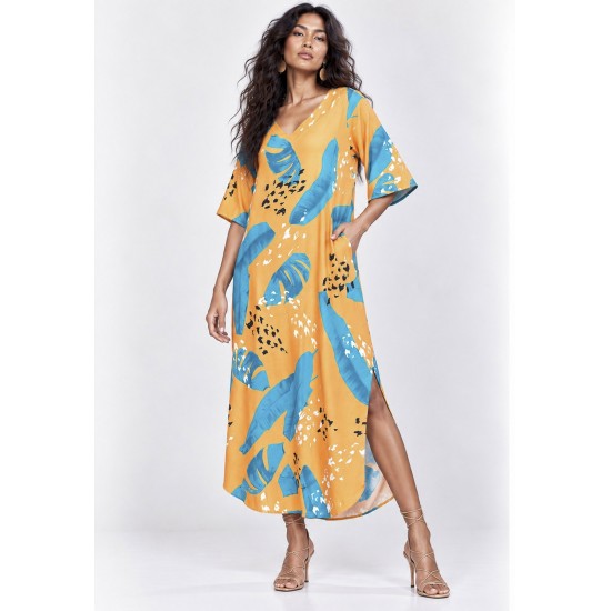 Vestido Midi Abapã Plano com Bolso Estampa Aurora Botânica