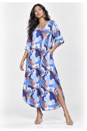 Vestido Midi Abapã Plano com Bolso Estampa Jardim Celeste