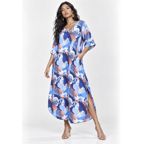Vestido Midi Abapã Plano com Bolso Estampa Jardim Celeste