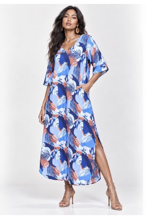 Vestido Midi Abapã Plano com Bolso Estampa Jardim Celeste