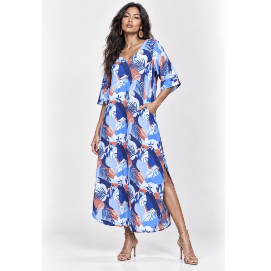 Vestido Midi Abapã Plano com Bolso Estampa Jardim Celeste