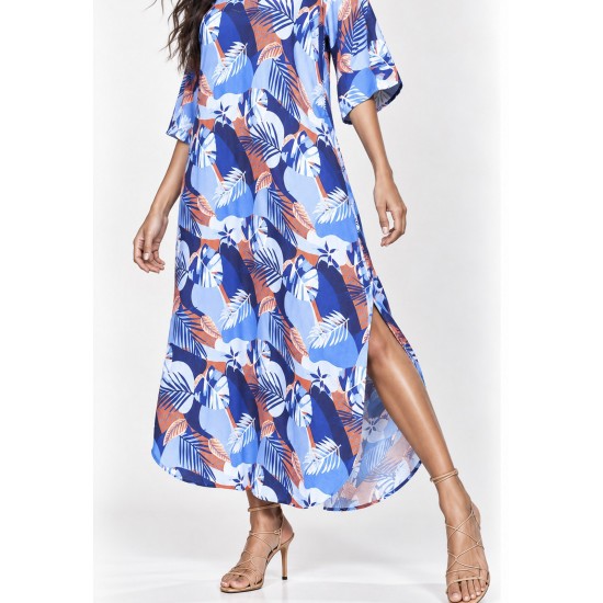 Vestido Midi Abapã Plano com Bolso Estampa Jardim Celeste