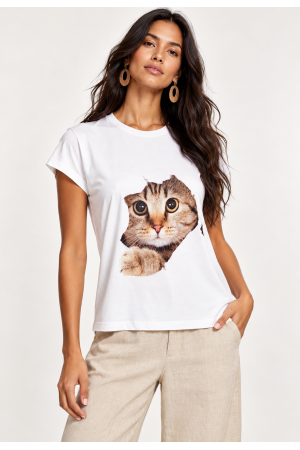 Blusa Aruá Malha Off White Estampa Olhar de Bichano