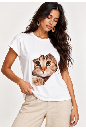 Blusa Aruá Malha Off White Estampa Olhar de Bichano