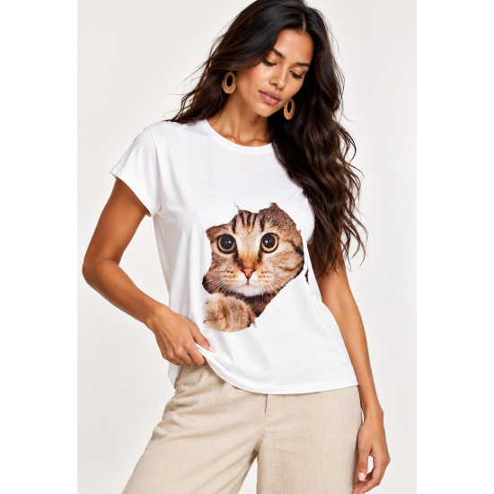 Blusa Aruá Malha Off White Estampa Olhar de Bichano
