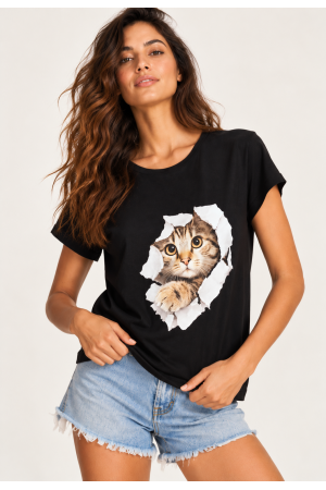 Blusa Aruá Malha Preta Estampa Olhar de Bichano
