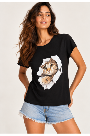 Blusa Aruá Malha Preta Estampa Olhar de Bichano