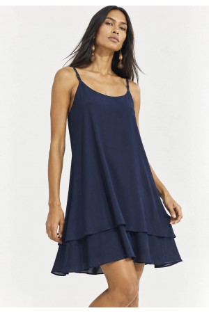 Vestido Curto Itaúna em Viscose com Babados Duplos Azul Marinho