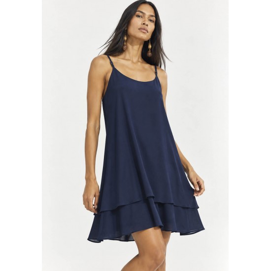 Vestido Curto Itaúna em Viscose com Babados Duplos Azul Marinho