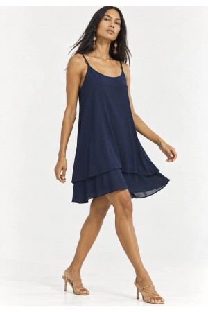 Vestido Curto Itaúna em Viscose com Babados Duplos Azul Marinho