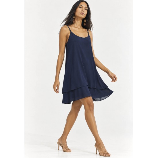 Vestido Curto Itaúna em Viscose com Babados Duplos Azul Marinho